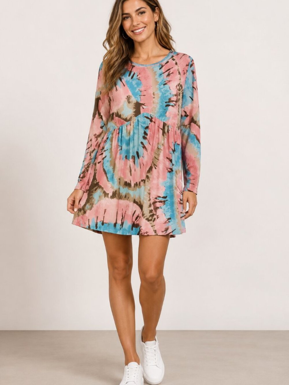 EGS California 2XL Pink Blue Tie Dye Babydoll Long Sleeve Stretch Dress